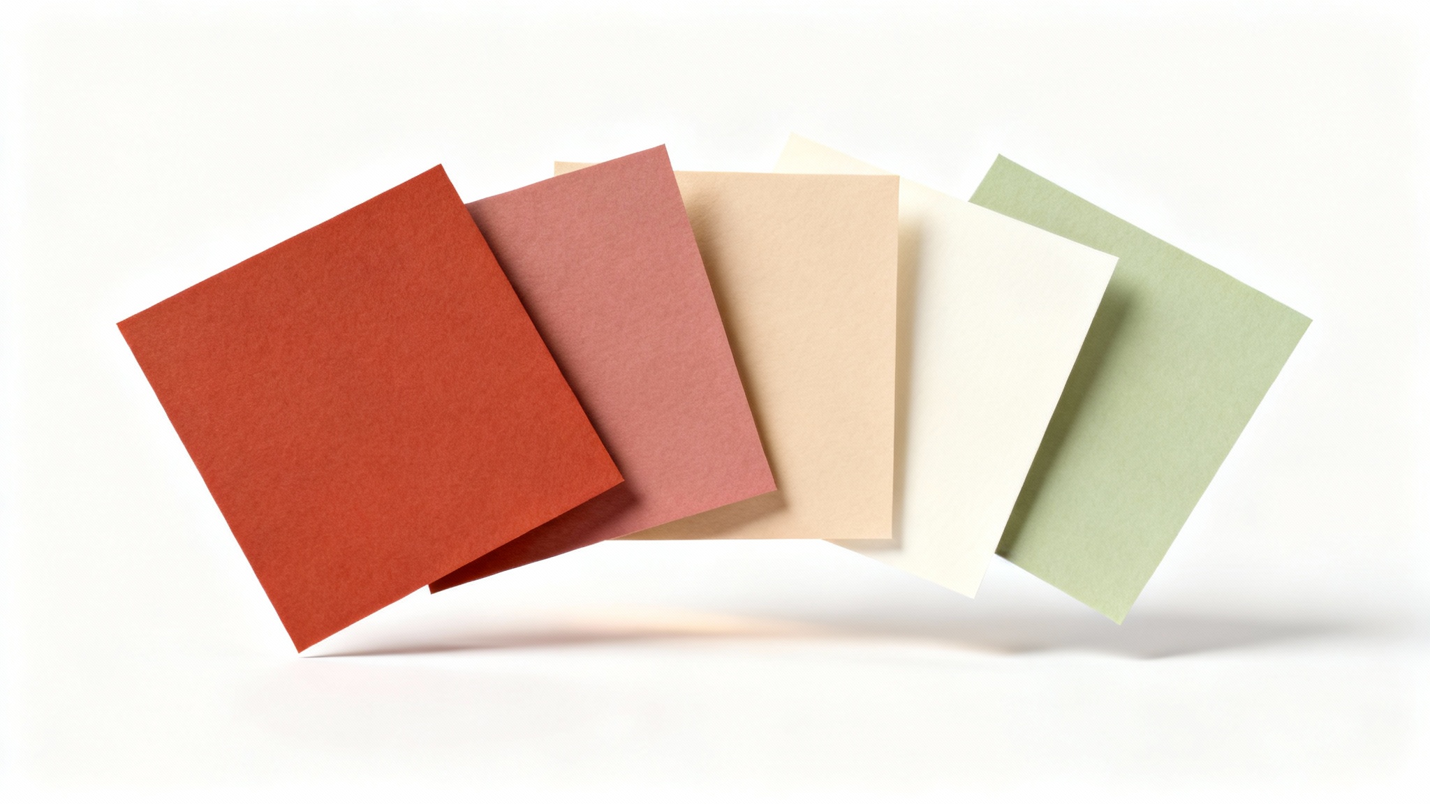 A photorealistic mockup of a color palette, showing five fanned-out square swatch cards in shades of terracotta, dusty rose, beige, cream, and sage green, set against a clean white background.