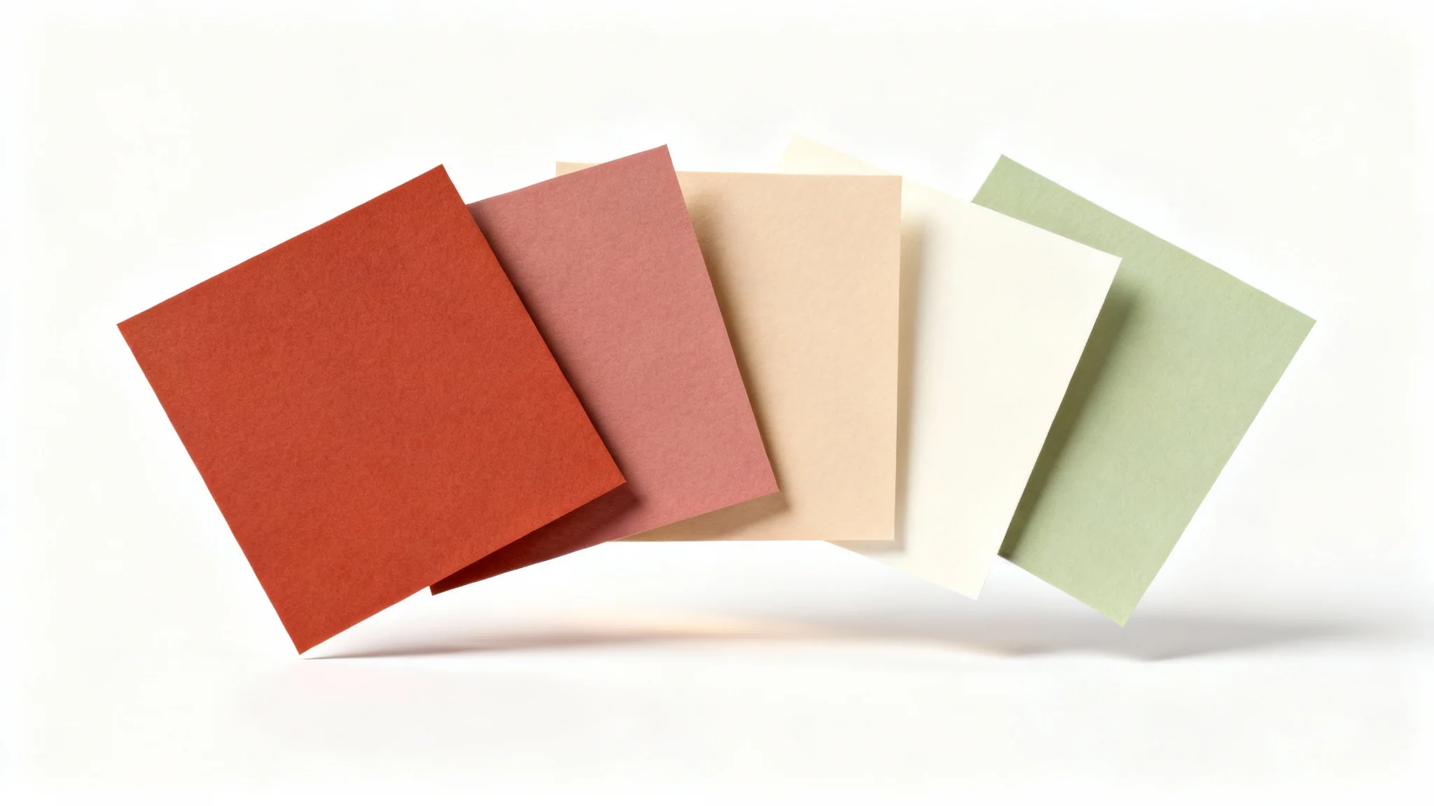 A photorealistic mockup of a color palette, showing five fanned-out square swatch cards in shades of terracotta, dusty rose, beige, cream, and sage green, set against a clean white background.