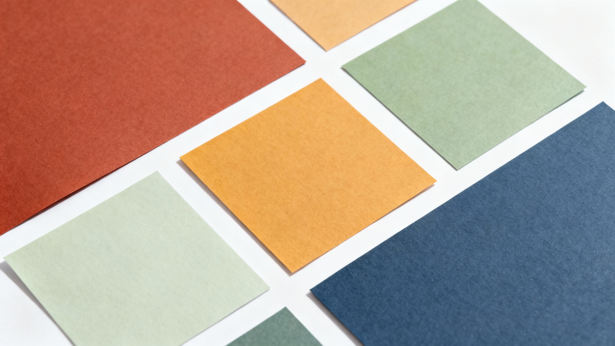 A neatly arranged flat lay of color swatches on a white background, representing a generated color palette with tones of terracotta, ochre, sage green, and navy blue.