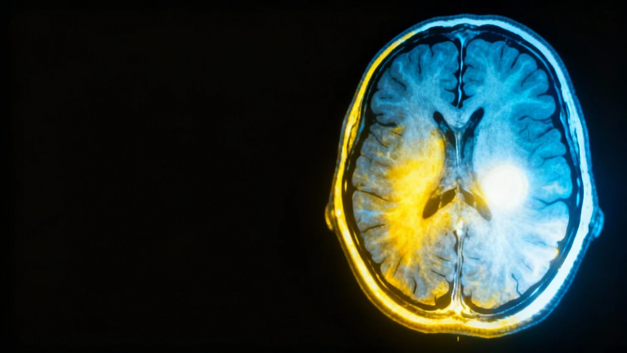 A highly detailed and enhanced 16:9 MRI scan of a human brain, showing specific regions illuminated with a vibrant color gradient to indicate high contrast and signal intensity.