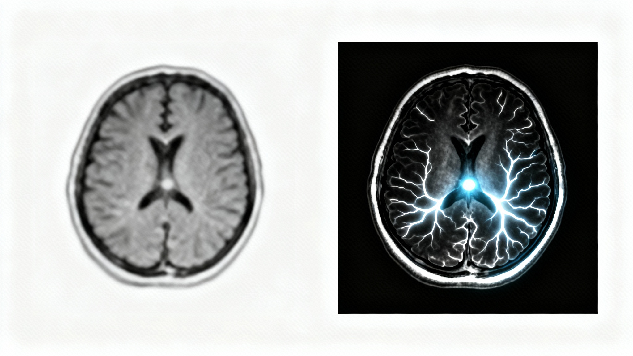 A side-by-side comparison of an MRI brain scan. The left image is a standard, low-contrast scan. The right image is a high-contrast, enhanced version, showing sharp details and highlighted areas, illustrating the effect of MRI contrast enhancement.