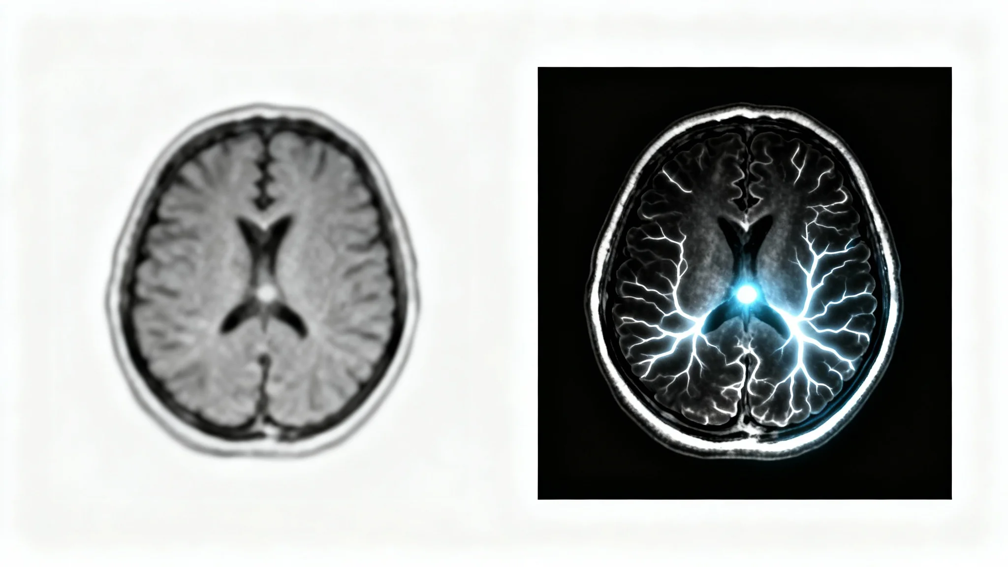 A side-by-side comparison of an MRI brain scan. The left image is a standard, low-contrast scan. The right image is a high-contrast, enhanced version, showing sharp details and highlighted areas, illustrating the effect of MRI contrast enhancement.