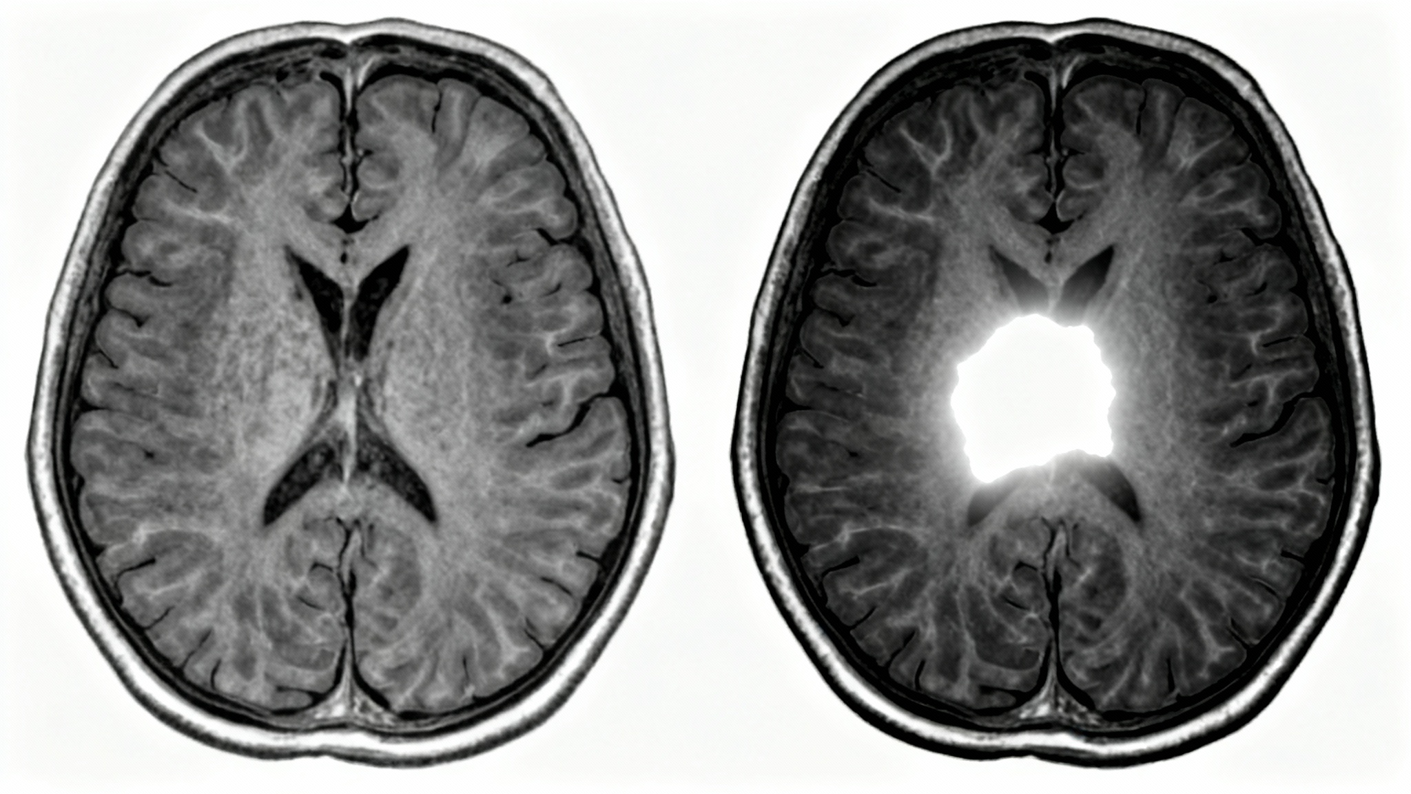 A side-by-side comparison of a human brain MRI scan. The left image is a standard grayscale scan, while the right image shows the same scan with contrast enhancement, making a tumor brightly visible and sharply defined.