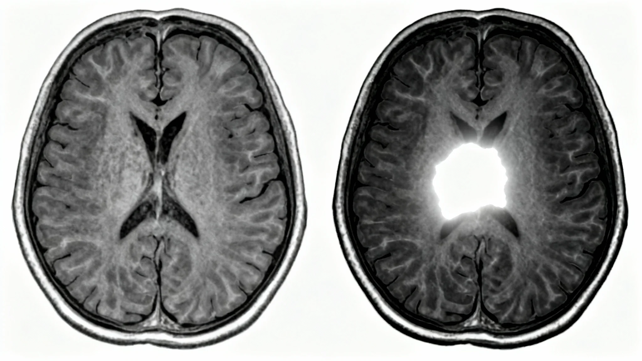 A side-by-side comparison of a human brain MRI scan. The left image is a standard grayscale scan, while the right image shows the same scan with contrast enhancement, making a tumor brightly visible and sharply defined.