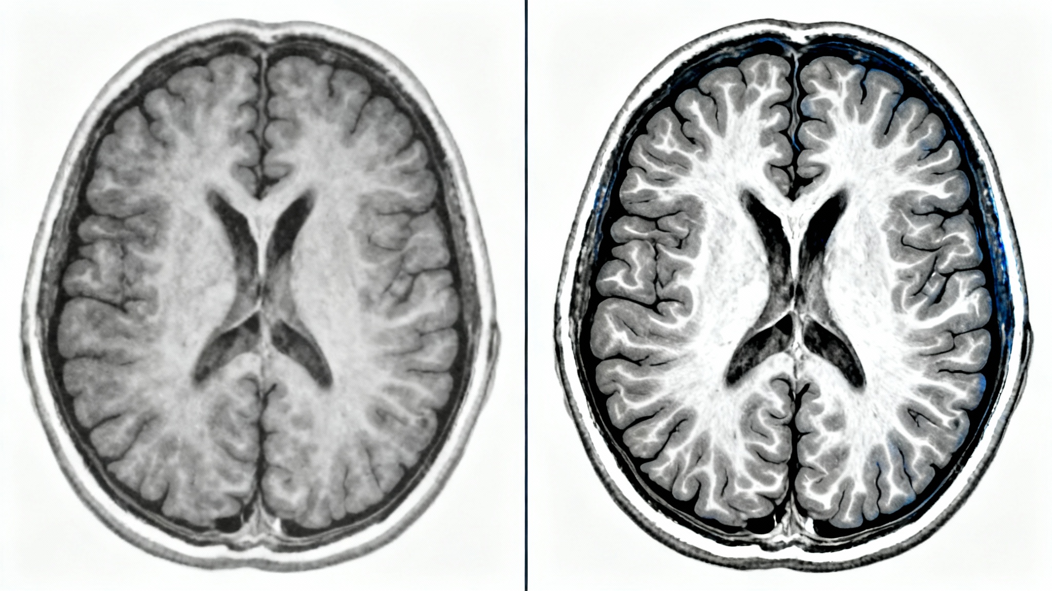 A side-by-side comparison of a human brain MRI. The 'before' image on the left is low-contrast and indistinct, while the 'after' image on the right is sharp and clear, illustrating the effect of contrast enhancement technology.