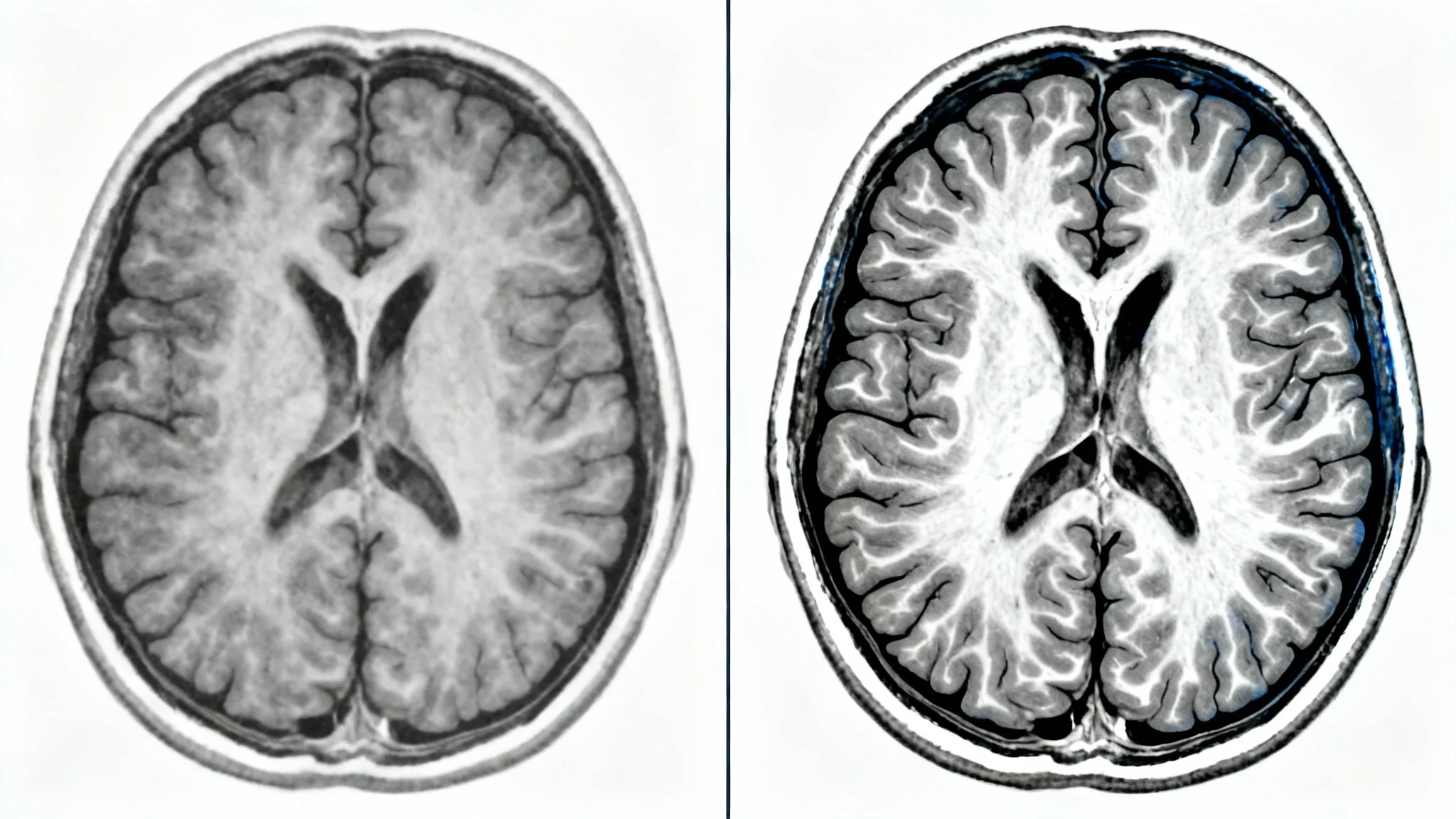 A side-by-side comparison of a human brain MRI. The 'before' image on the left is low-contrast and indistinct, while the 'after' image on the right is sharp and clear, illustrating the effect of contrast enhancement technology.