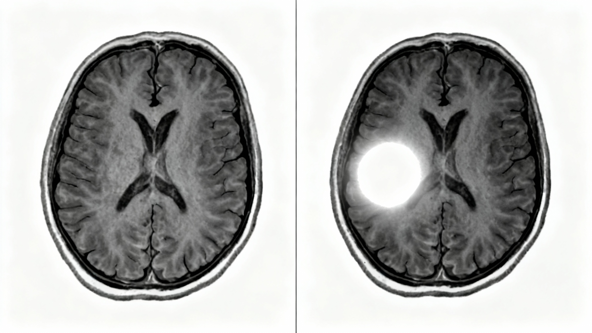 A side-by-side comparison of two MRI brain scans. The left scan is a standard grayscale image, while the right scan shows the same view with contrast enhancement, making a specific lesion glow brightly.