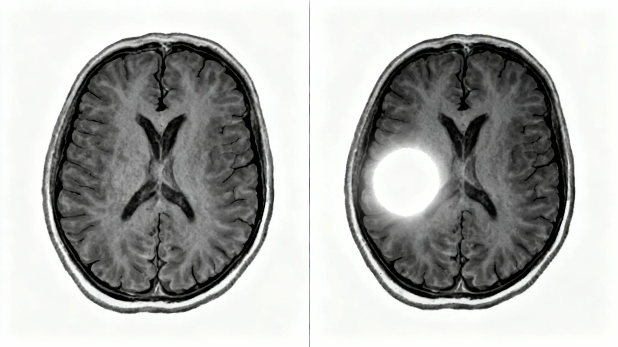 A side-by-side comparison of two MRI brain scans. The left scan is a standard grayscale image, while the right scan shows the same view with contrast enhancement, making a specific lesion glow brightly.
