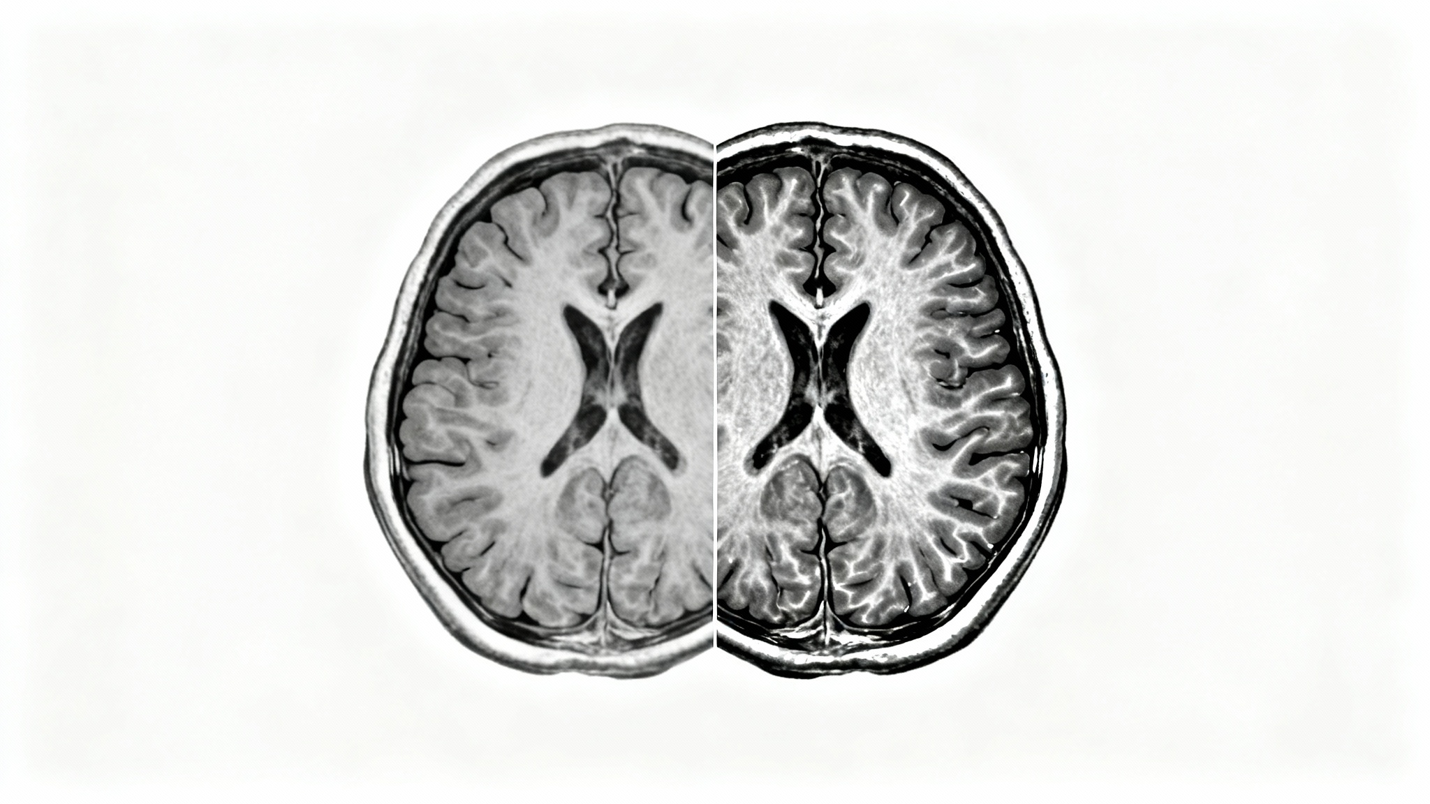 A split image comparing two MRI brain scans. The left side is a standard, low-contrast scan, and the right side is a high-contrast enhanced scan, showing significantly more detail and clarity.