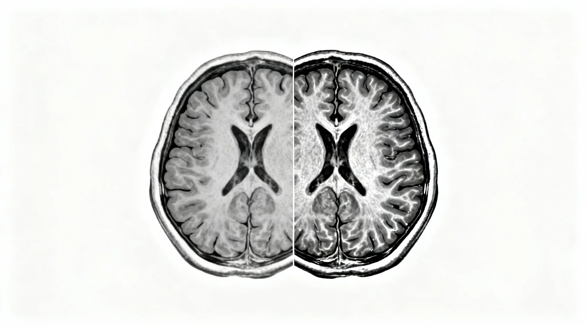 A split image comparing two MRI brain scans. The left side is a standard, low-contrast scan, and the right side is a high-contrast enhanced scan, showing significantly more detail and clarity.
