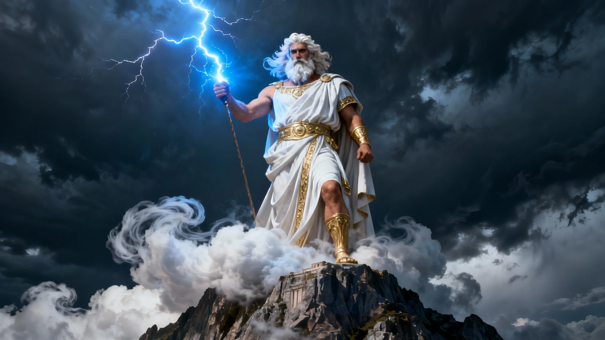 A majestic, cinematic depiction of the Greek god Zeus standing on Mount Olympus, holding a glowing lightning bolt against a stormy sky.