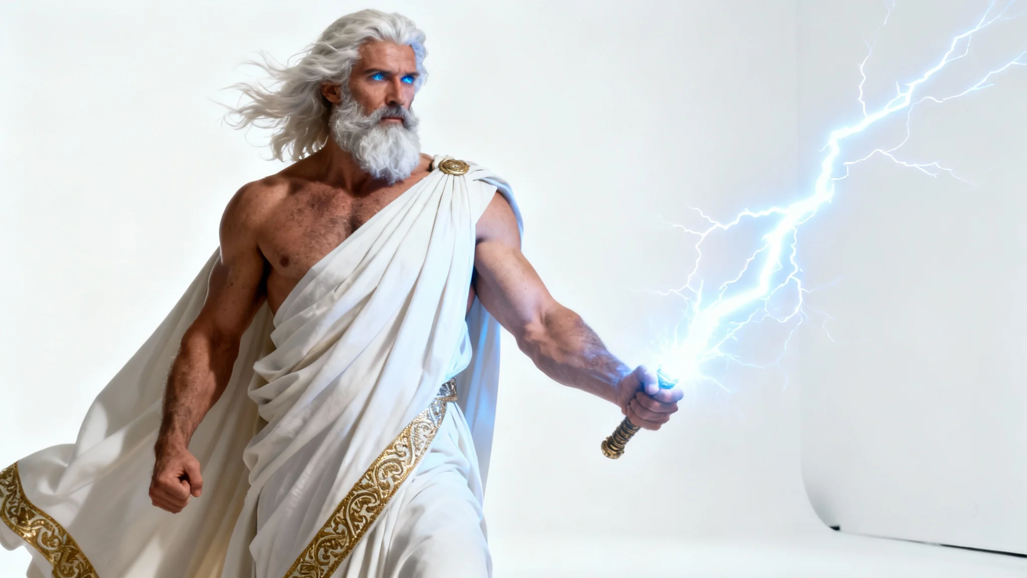 A hyper-realistic, full-body image of a powerful Greek god with a white beard, holding a glowing bolt of lightning against a clean white background.