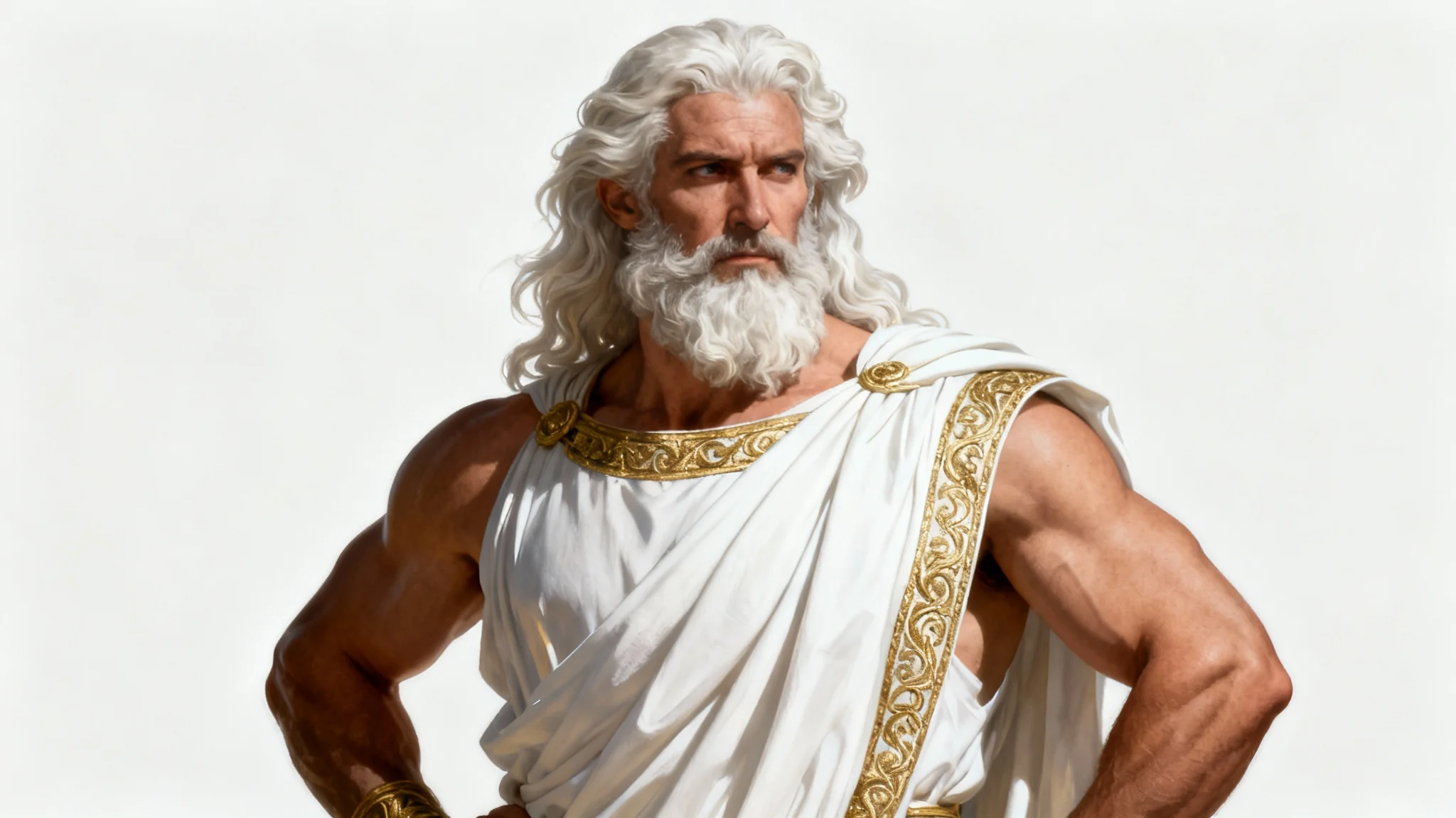 A hyperrealistic digital painting of a powerful Greek god with a long white beard and a white chiton, posing majestically against a solid off-white background.