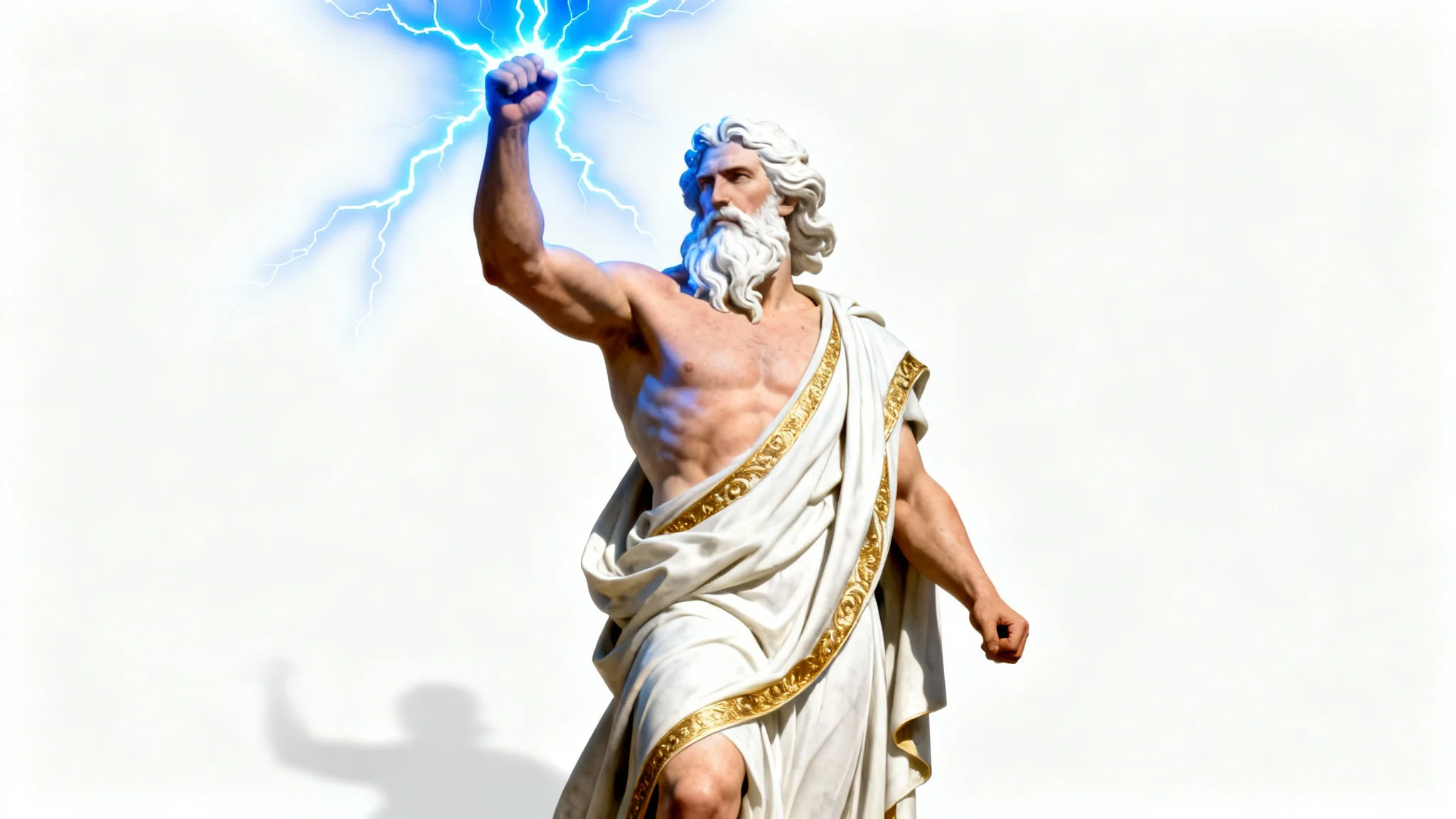 A hyperrealistic digital painting of a majestic Greek god with a long white beard and toga, holding a glowing blue lightning bolt against a plain white background.