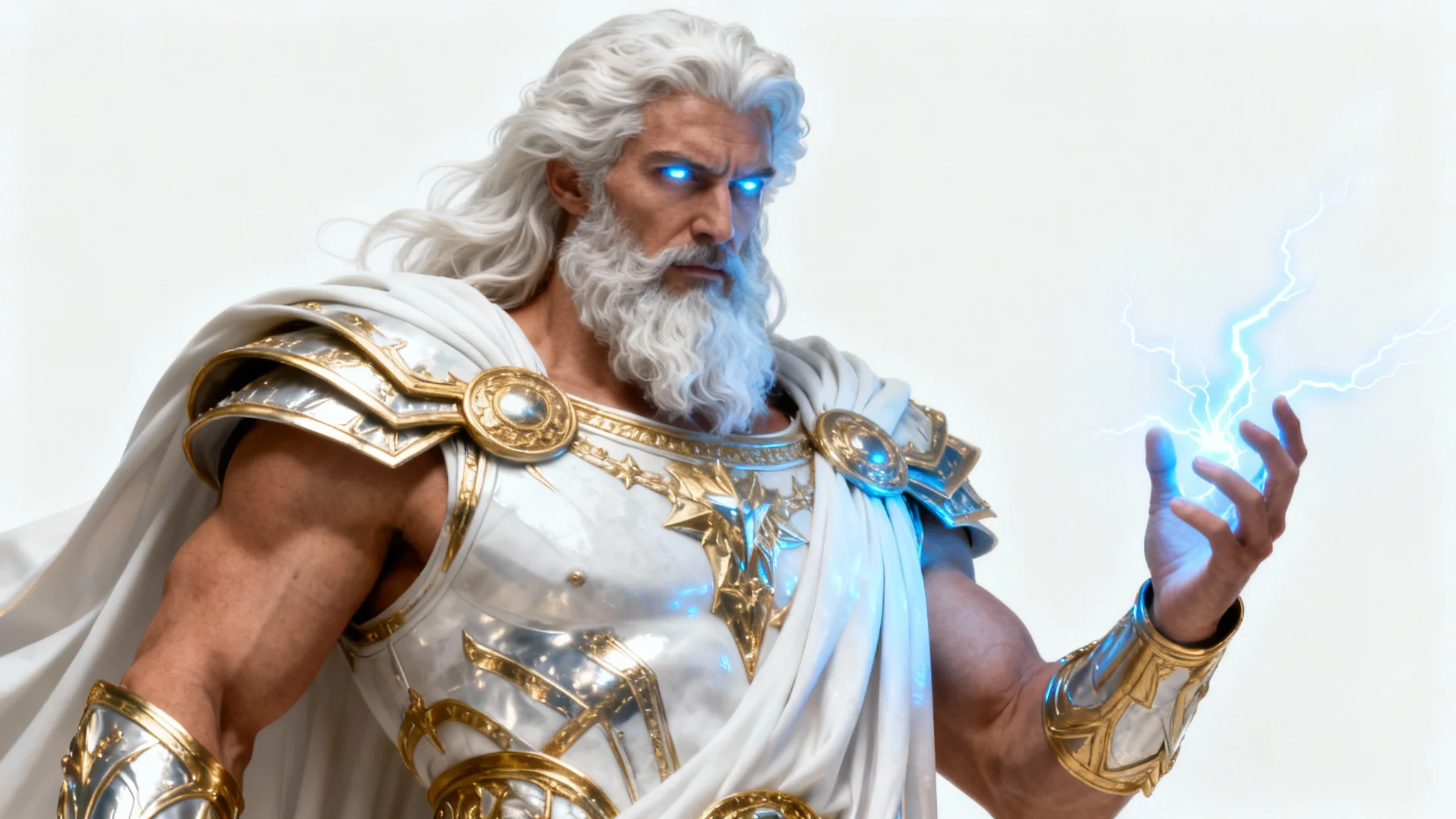 A hyper-detailed, photorealistic depiction of a powerful Greek god, resembling Zeus, standing against a clean white background. He has a long white beard, wears ornate golden armor, and wields lightning in his hand.