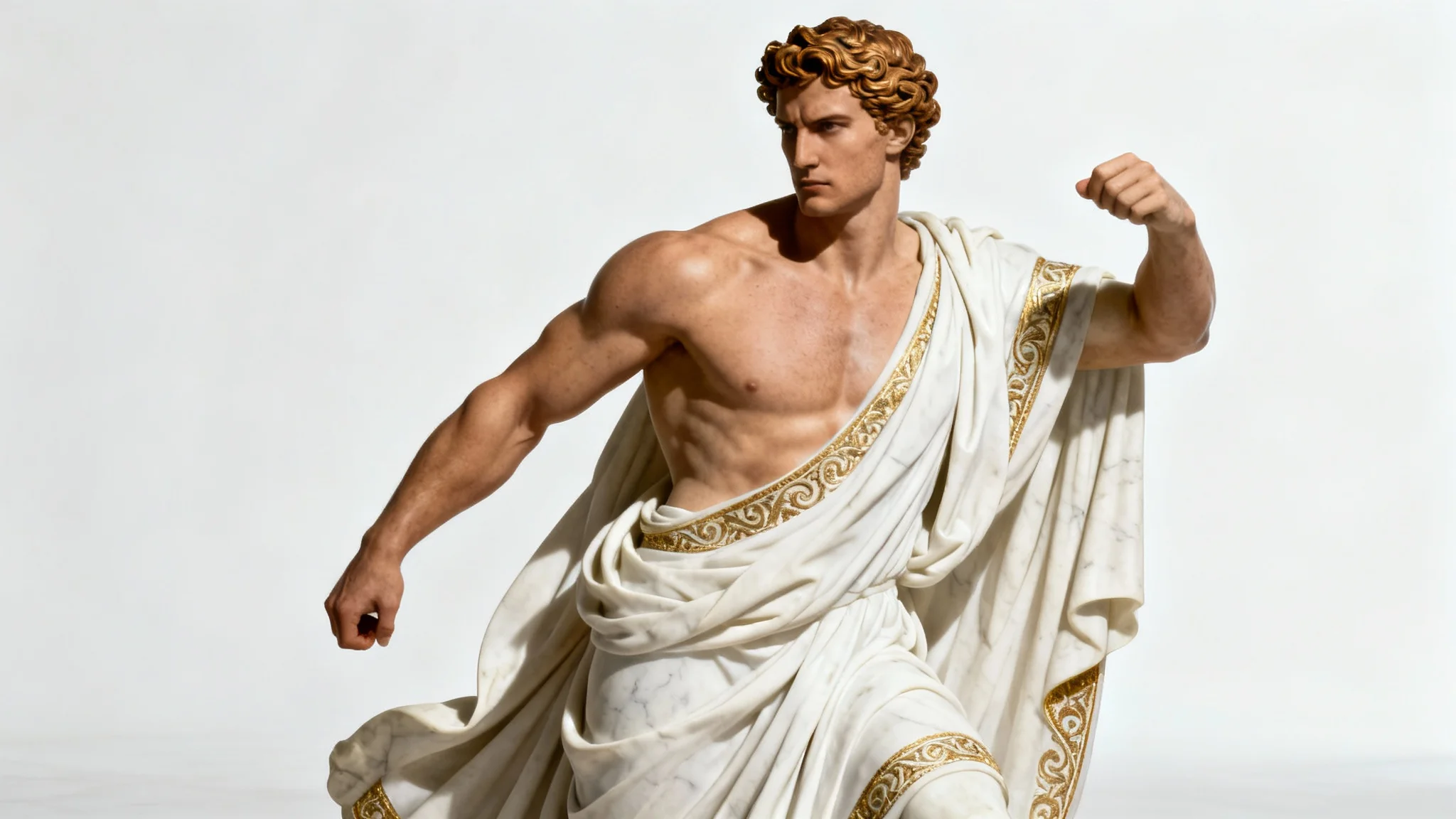 A photorealistic depiction of a muscular Greek god in a white and gold toga, posing powerfully against a stark white background, resembling a classical statue.
