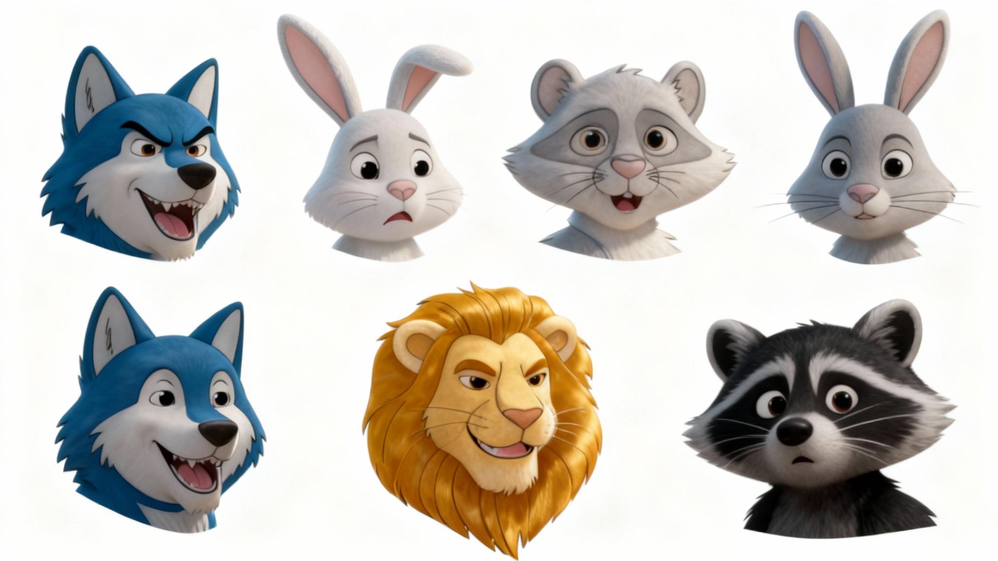 A character expression sheet showing four anthropomorphic animals: a blue wolf, a gray rabbit, a golden lion, and a raccoon. Each character is depicted in several bust-up portraits with a range of clear emotions, arranged in a polished digital art style on a white background.