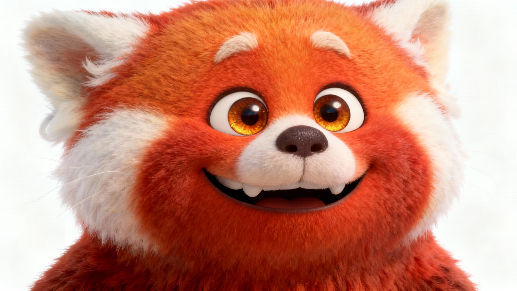 A hyper-realistic digital artwork of a joyful anthropomorphic red panda with soft, vibrant fur, smiling warmly in a close-up portrait against a stark white background.