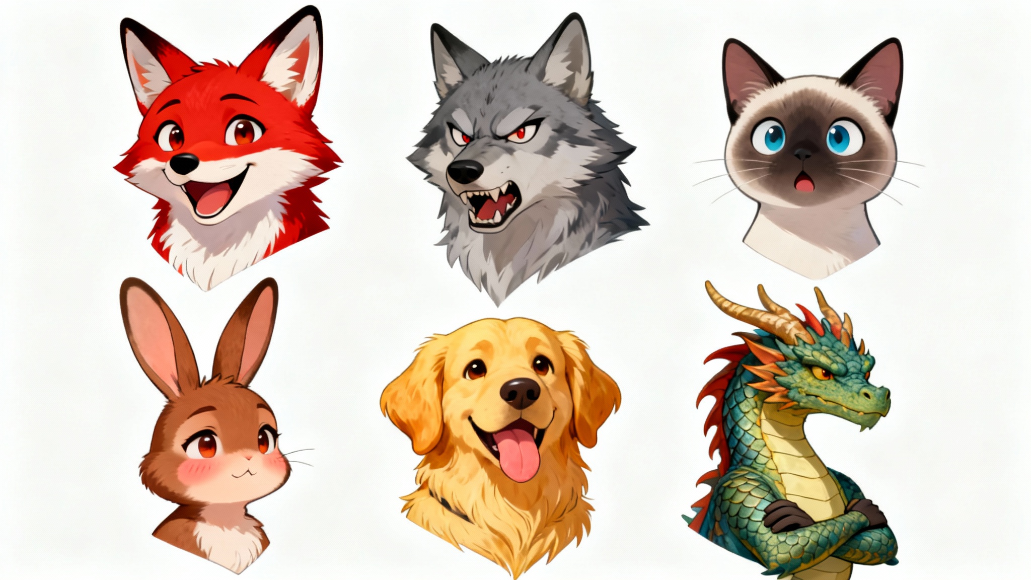 A digital illustration of an expression sheet featuring six different furry characters showcasing a range of emotions: joy, anger, surprise, shyness, cheerfulness, and stoicism. The characters are a fox, wolf, cat, rabbit, dog, and dragon.