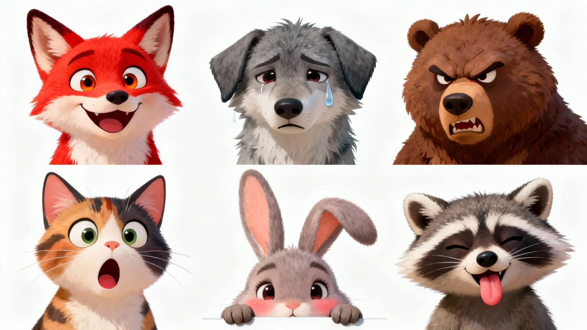A vibrant collage showcasing six different furry characters, each displaying a unique emotion: happiness, sadness, anger, surprise, shyness, and playfulness, set against a clean white background.