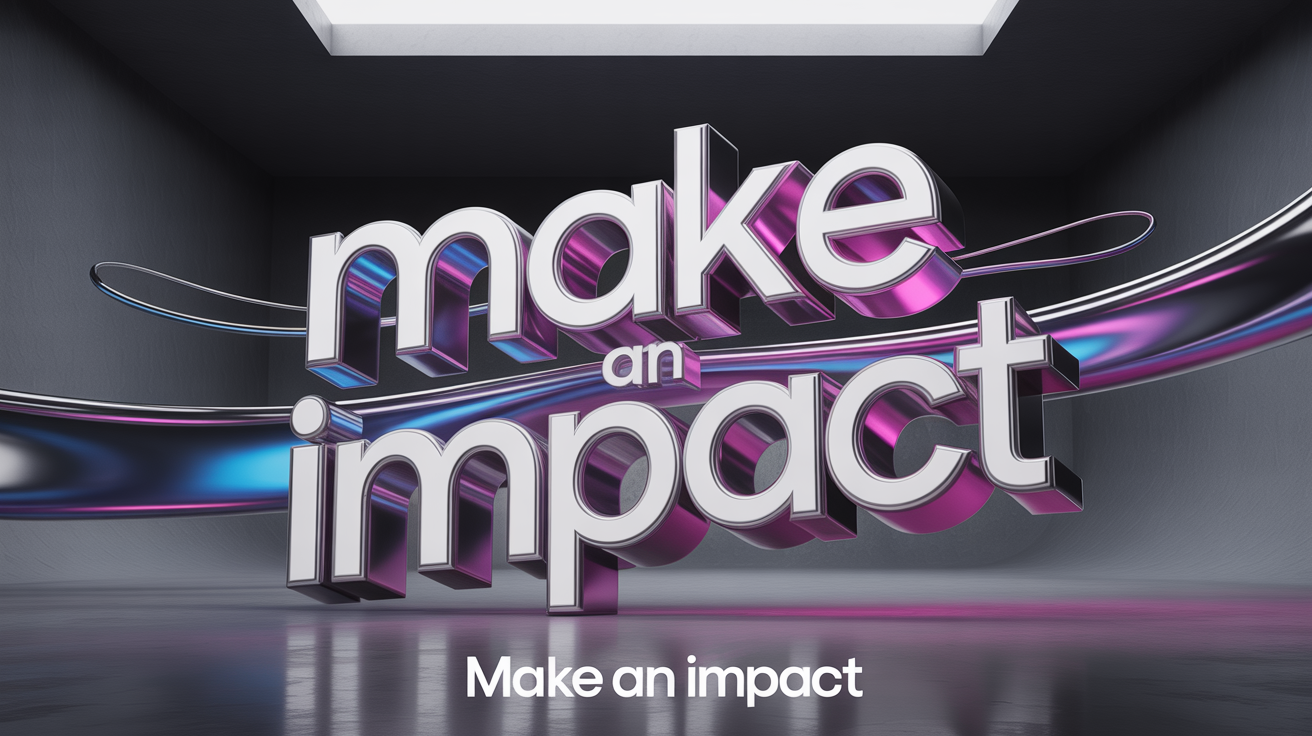 A graphic design hero image with the words 'MAKE AN IMPACT' displayed in a large, bold, 3D font with blue and magenta lighting, set against a dark background to demonstrate an impact text effect.
