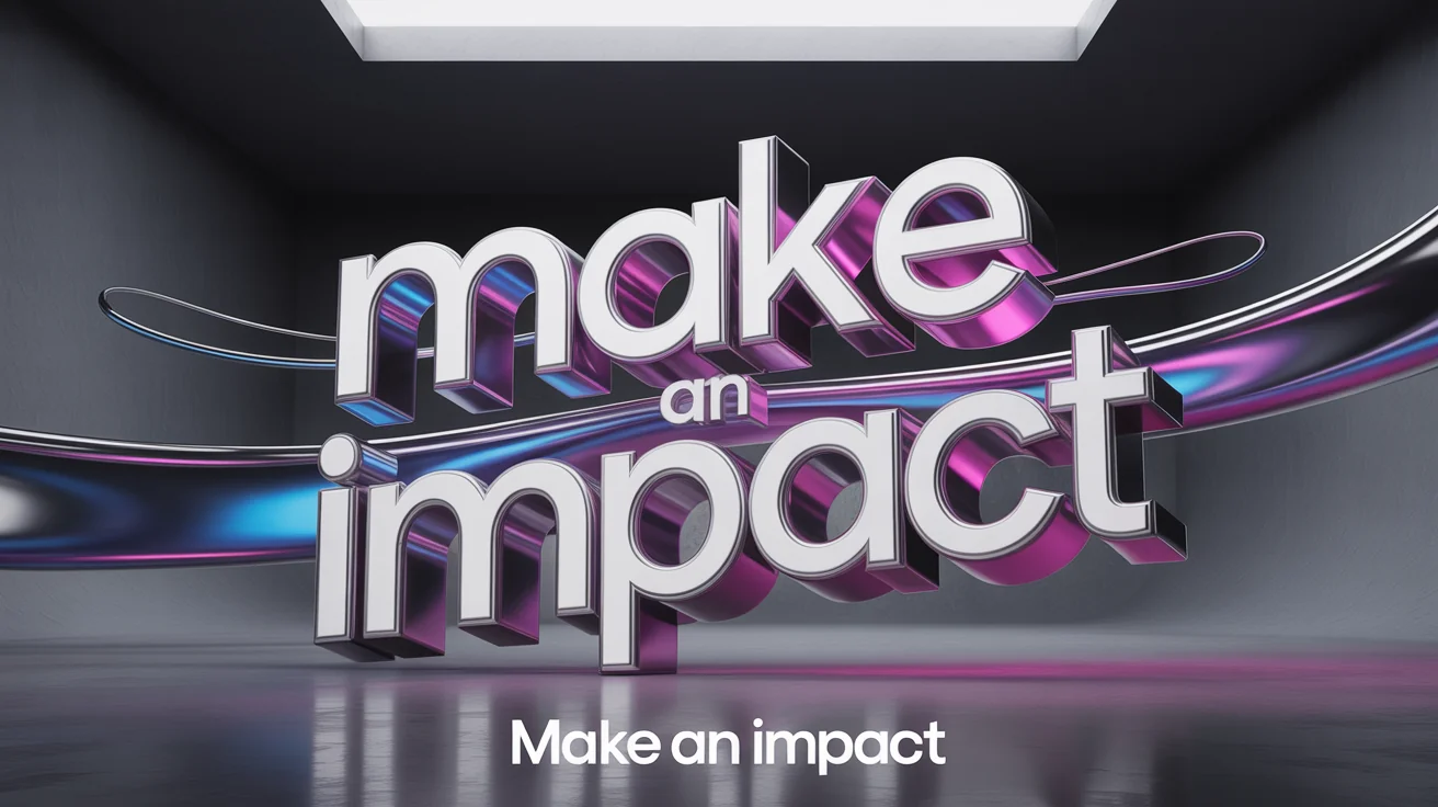 A graphic design hero image with the words 'MAKE AN IMPACT' displayed in a large, bold, 3D font with blue and magenta lighting, set against a dark background to demonstrate an impact text effect.