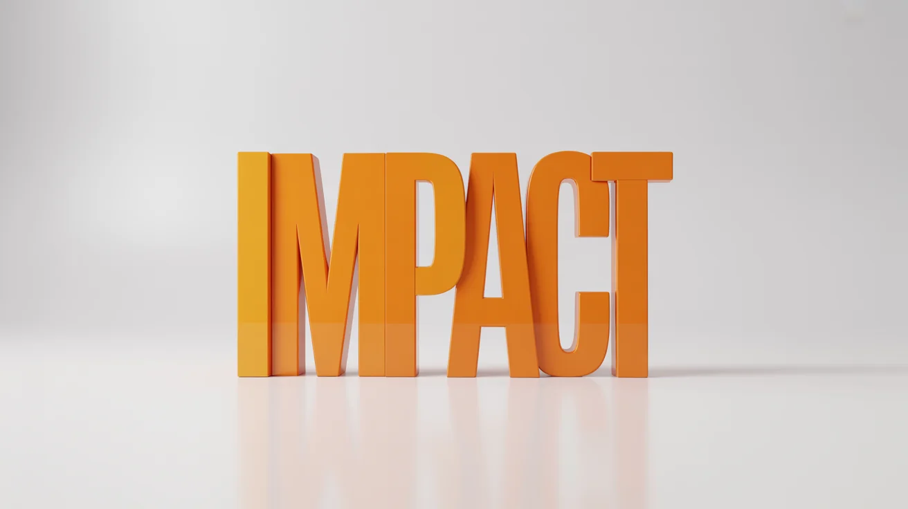 A photorealistic mockup of the word 'IMPACT' in bold, 3D, glossy orange letters, set against a clean white background to demonstrate an impactful text effect.
