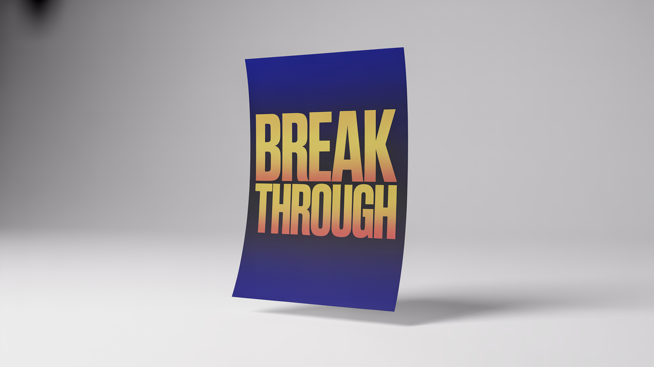 A minimalist graphic design poster mockup featuring the impactful text 'BREAK THROUGH' in large, 3D yellow letters against a deep navy blue background, all set against a clean white backdrop.