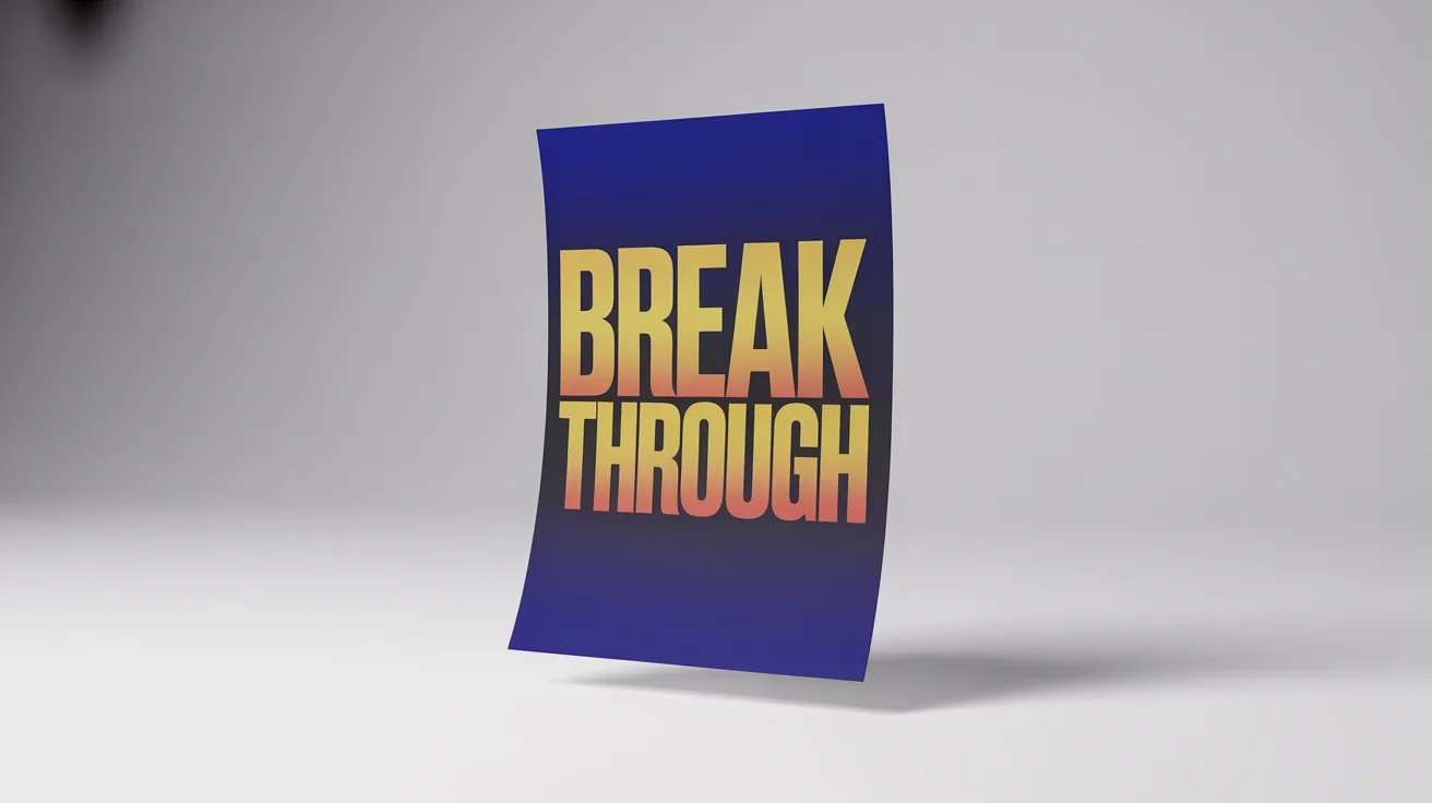 A minimalist graphic design poster mockup featuring the impactful text 'BREAK THROUGH' in large, 3D yellow letters against a deep navy blue background, all set against a clean white backdrop.