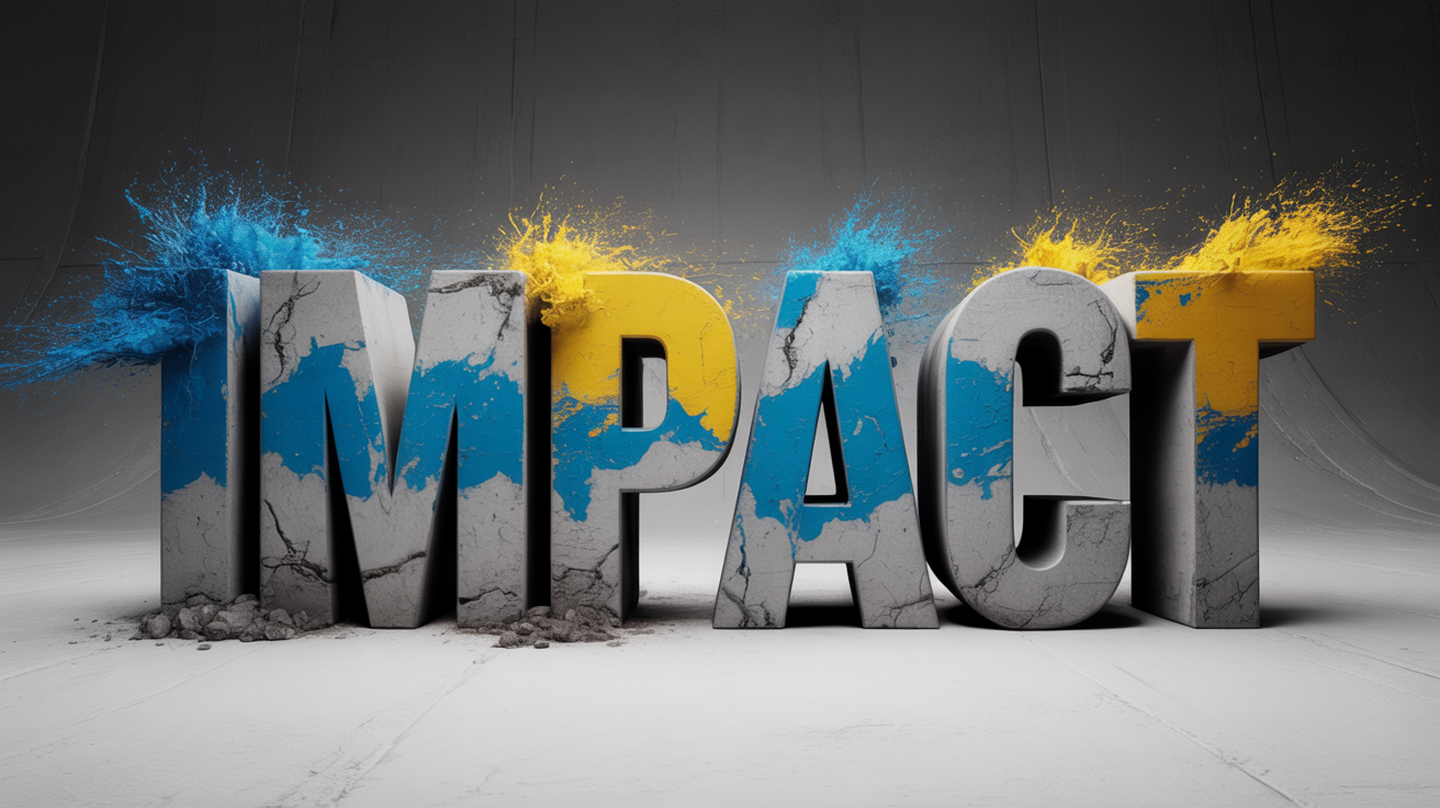 A 3D rendering of the word 'IMPACT' in bold, cracked concrete letters, splattered with yellow and blue paint against a clean white background, showcasing visually impactful text.