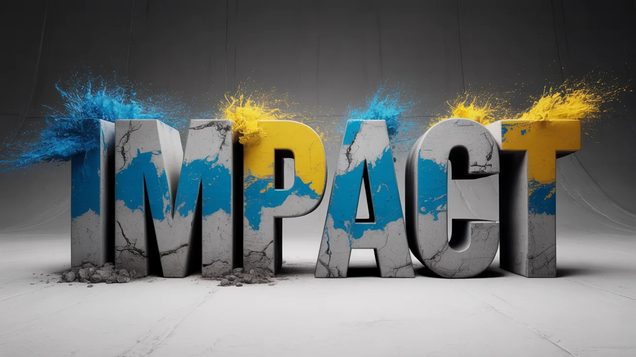 A 3D rendering of the word 'IMPACT' in bold, cracked concrete letters, splattered with yellow and blue paint against a clean white background, showcasing visually impactful text.