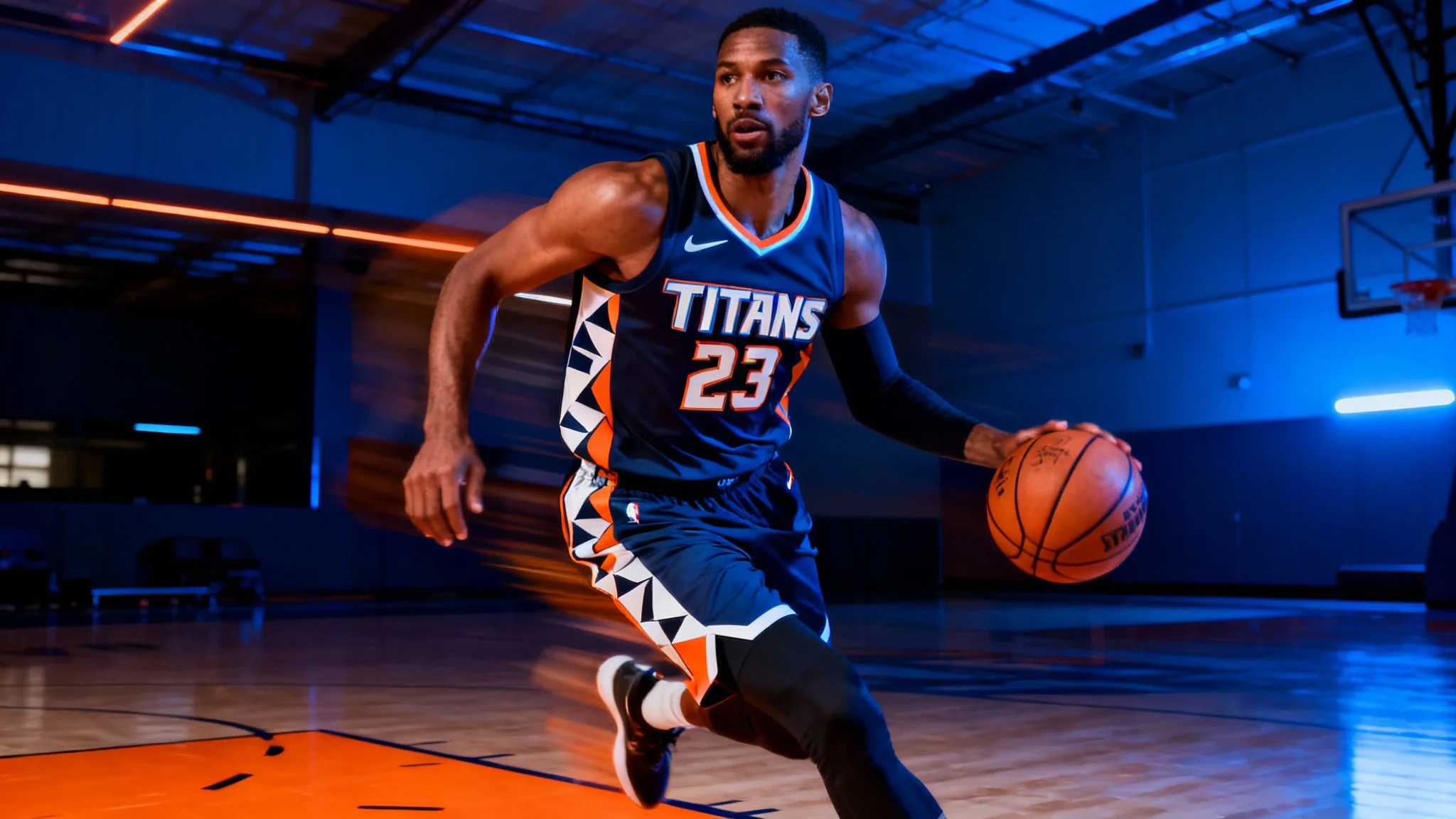 A dynamic, professional photograph of a basketball player on a court, wearing a custom-designed blue and orange jersey with the team name 'TITANS' and number '23' on the front.