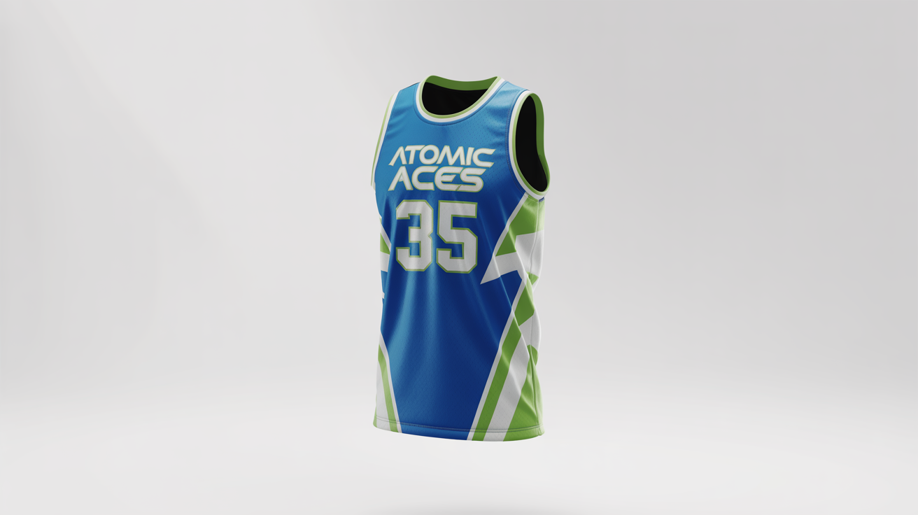 A custom-designed basketball jersey for the fictional team 'Atomic Aces', featuring the number '35' in electric blue, neon green, and white, displayed on a clean white background.