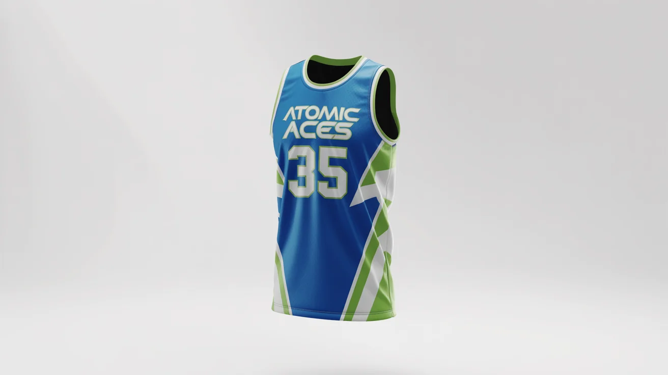 A custom-designed basketball jersey for the fictional team 'Atomic Aces', featuring the number '35' in electric blue, neon green, and white, displayed on a clean white background.