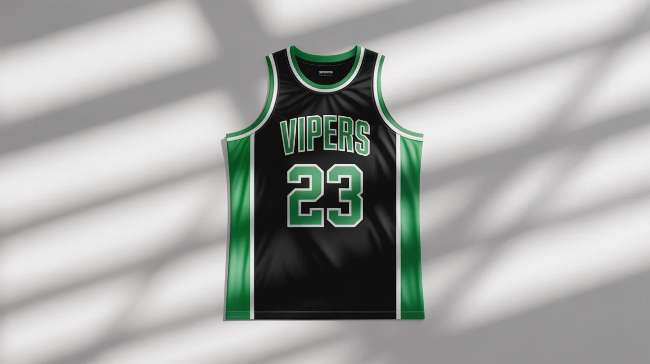 A custom black basketball jersey with 'VIPERS' and the number '23' in green and white, displayed flat on a white background.
