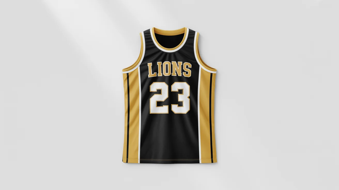 A custom-designed black and gold basketball jersey with the team name "LIONS" and the number "23", displayed as a product mockup on a white background.