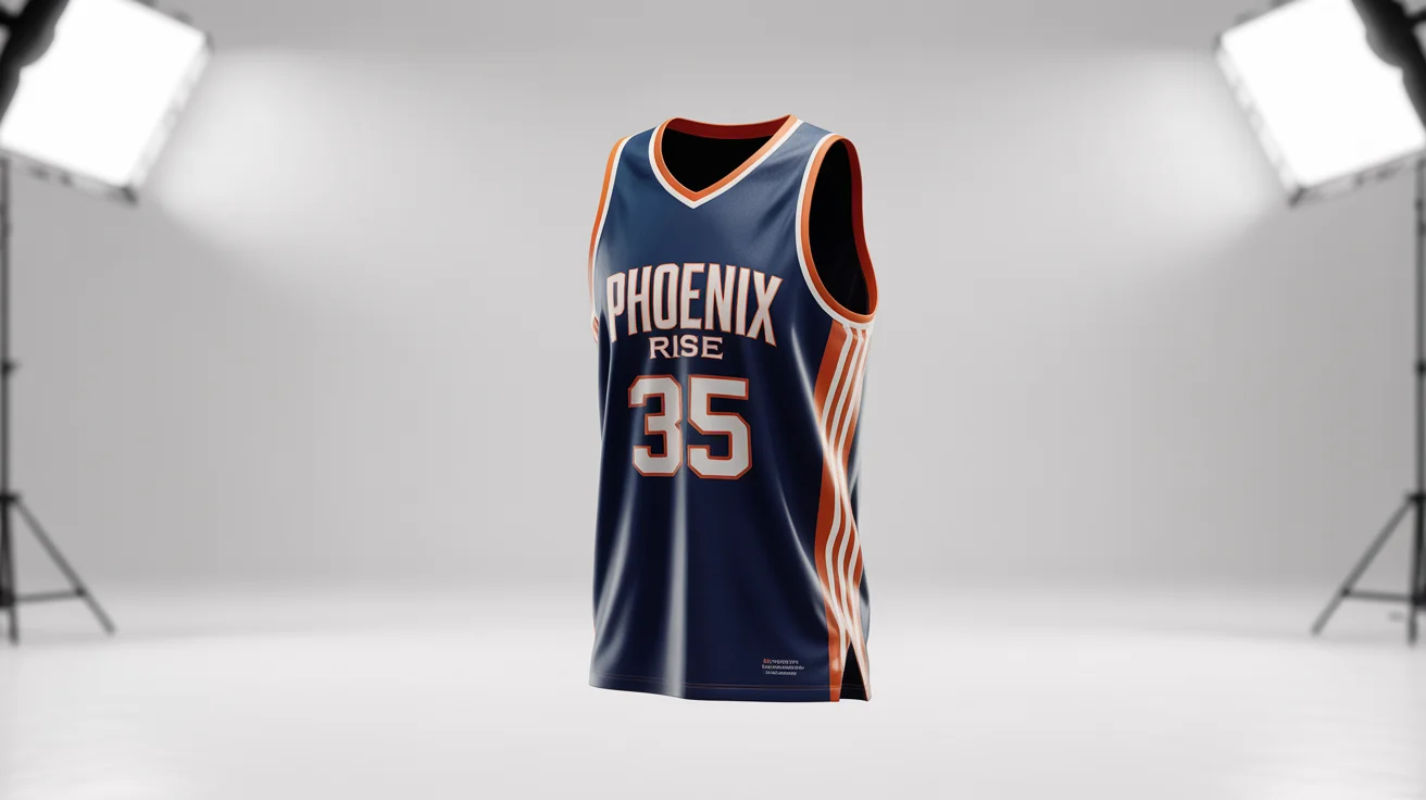A professional mockup of a custom basketball jersey in navy blue, electric orange, and white, with the team name 'Phoenix Rise' and the number '35' on the front, set against a plain white background.
