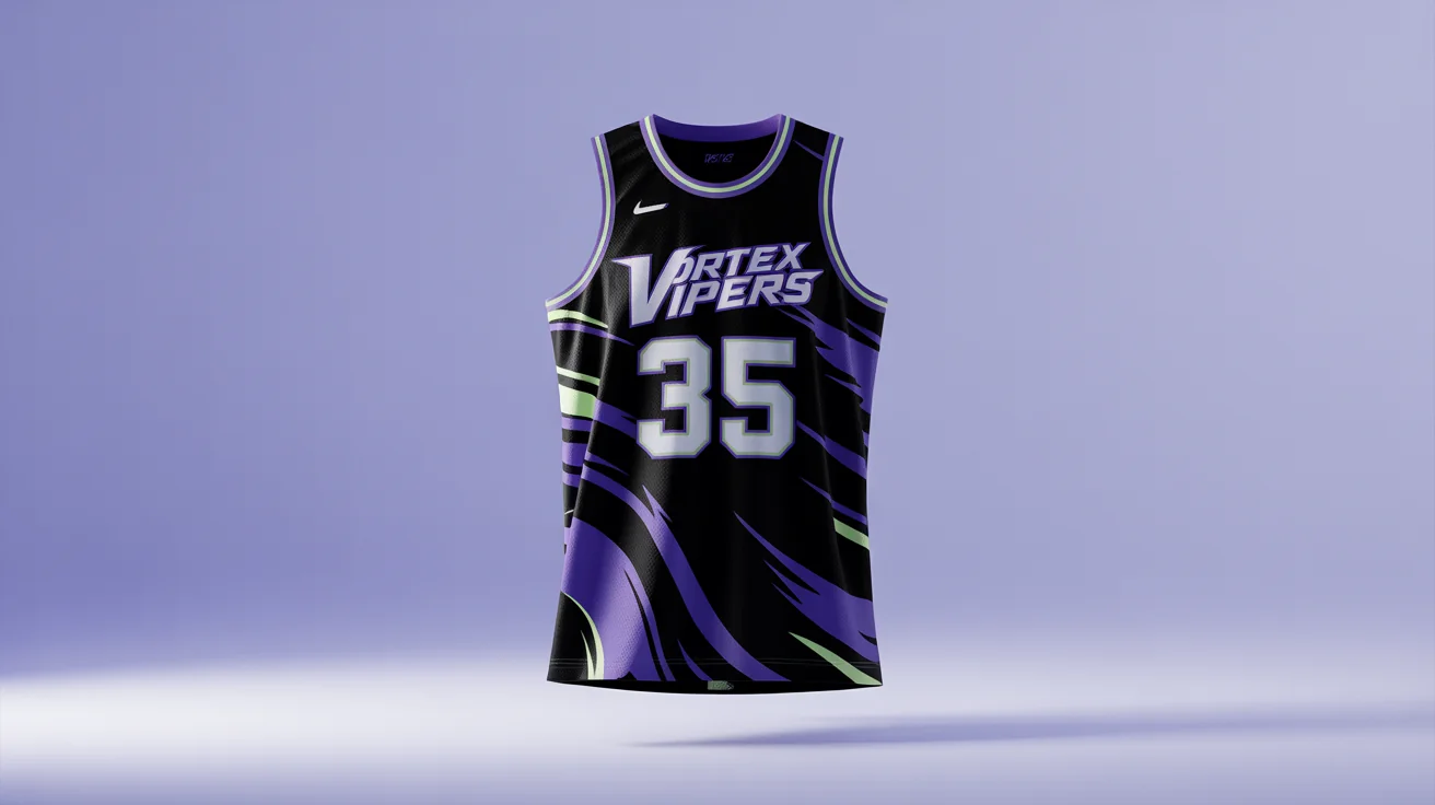 A professional mockup of a black basketball jersey for the 'Vortex Vipers' team, number 35, featuring purple and green designs, laid flat on a white background.