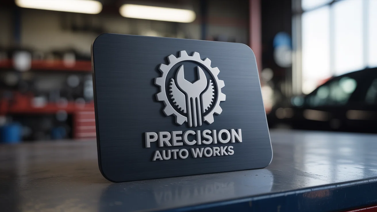 A finished mechanic logo for 'Precision Auto Works' embossed in silver on a dark metal background, featuring a stylized wrench and gear icon.