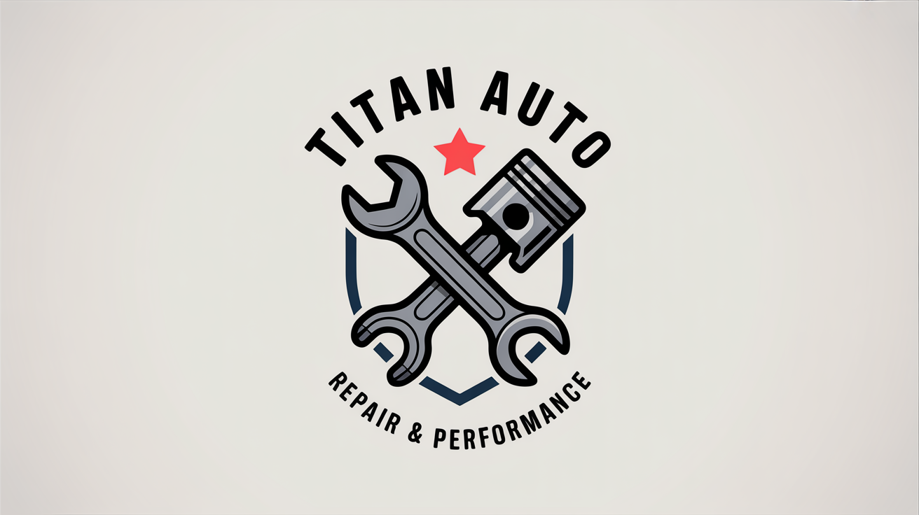 A modern mechanic logo for 'TITAN AUTO' featuring a silver wrench and piston on a navy shield, with the tagline 'REPAIR & PERFORMANCE', all on a white background.