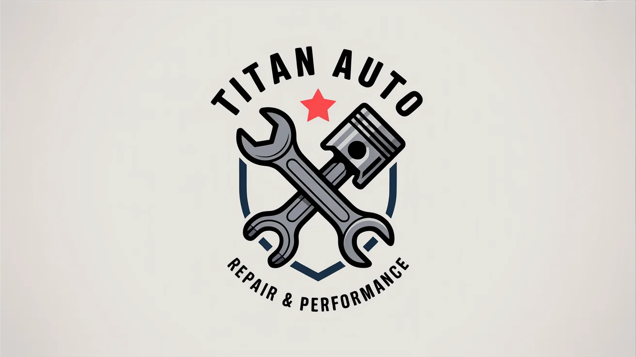 A modern mechanic logo for 'TITAN AUTO' featuring a silver wrench and piston on a navy shield, with the tagline 'REPAIR & PERFORMANCE', all on a white background.
