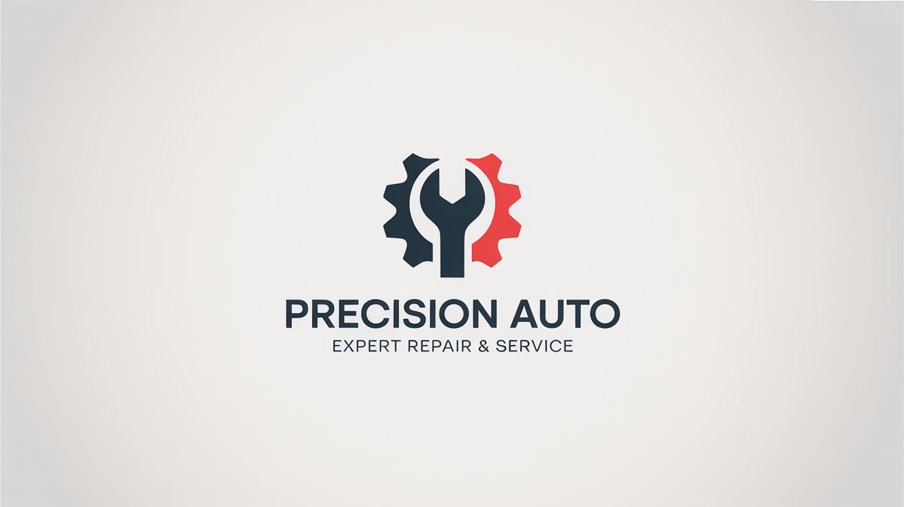 A modern mechanic logo for 'Precision Auto' featuring a stylized wrench and gear emblem in red and charcoal gray, displayed on a clean white background.