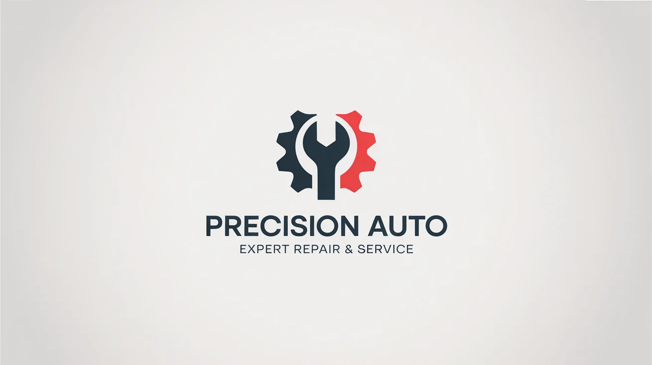 A modern mechanic logo for 'Precision Auto' featuring a stylized wrench and gear emblem in red and charcoal gray, displayed on a clean white background.