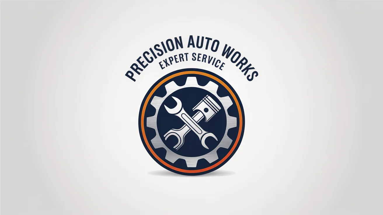 A modern mechanic logo for 'Precision Auto Works', featuring a circular design with a gear, wrench, and piston in blue, silver, and orange on a white background.
