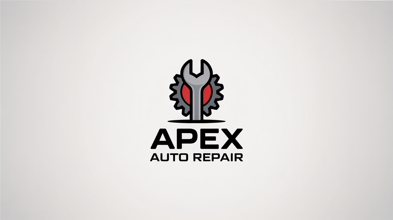 A modern mechanic logo for 'Apex Auto Repair' featuring a silver wrench and a gray gear emblem, presented on a clean white background.