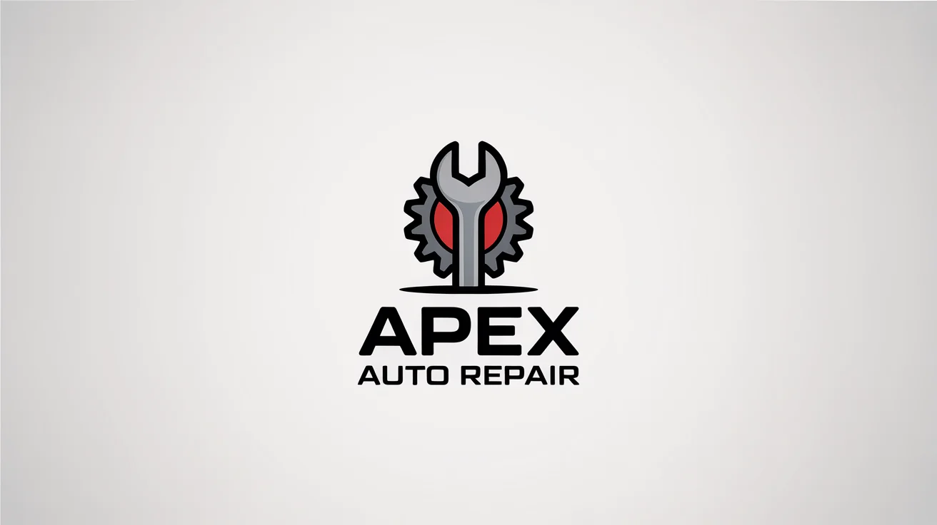 A modern mechanic logo for 'Apex Auto Repair' featuring a silver wrench and a gray gear emblem, presented on a clean white background.