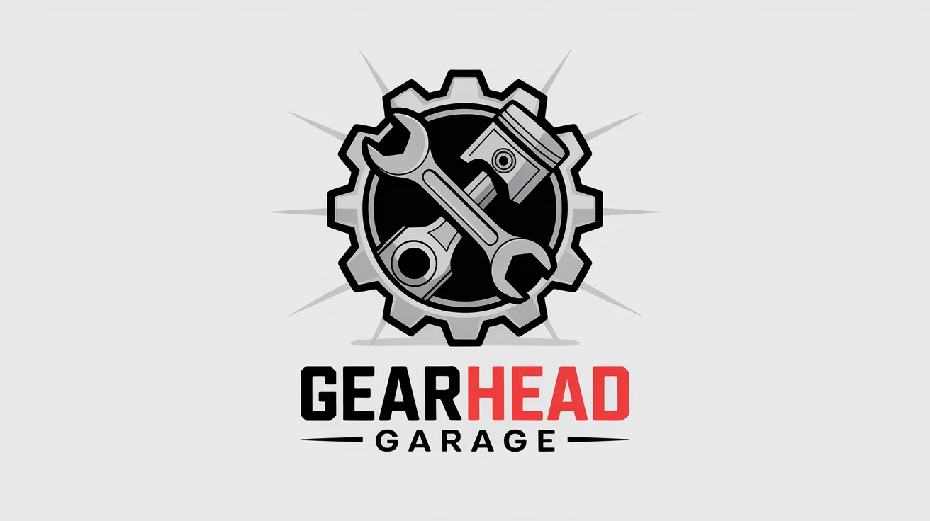 A modern mechanic logo for 'Gearhead Garage' featuring a chrome wrench and piston emblem with a gear border, designed in silver, navy blue, and red, on a white background.