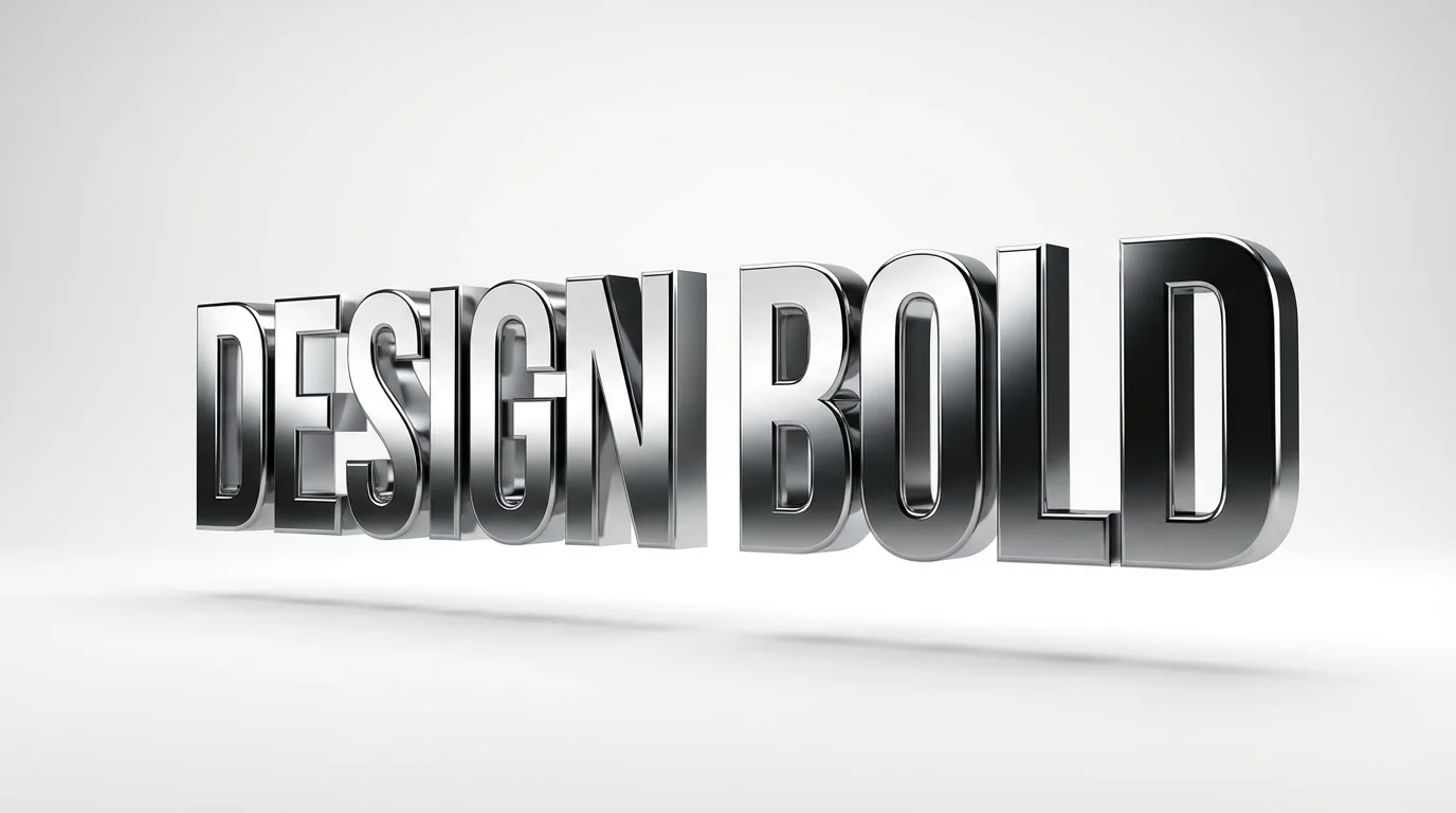 An eye-catching hero image displaying the words 'DESIGN BOLD' rendered in a hyper-realistic glossy chrome 3D text effect, floating over a clean white surface with soft shadows and dramatic lighting.