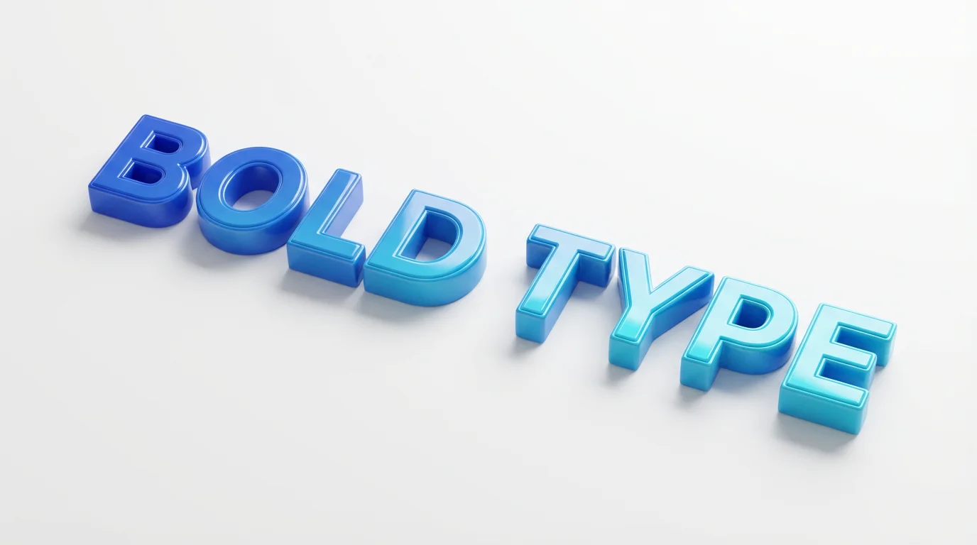 A photorealistic 3D rendering of the words 'BOLD TYPE' in a bold, glossy font. The text features a colorful blue and cyan gradient and casts a soft shadow on a clean white background, creating a sense of depth.