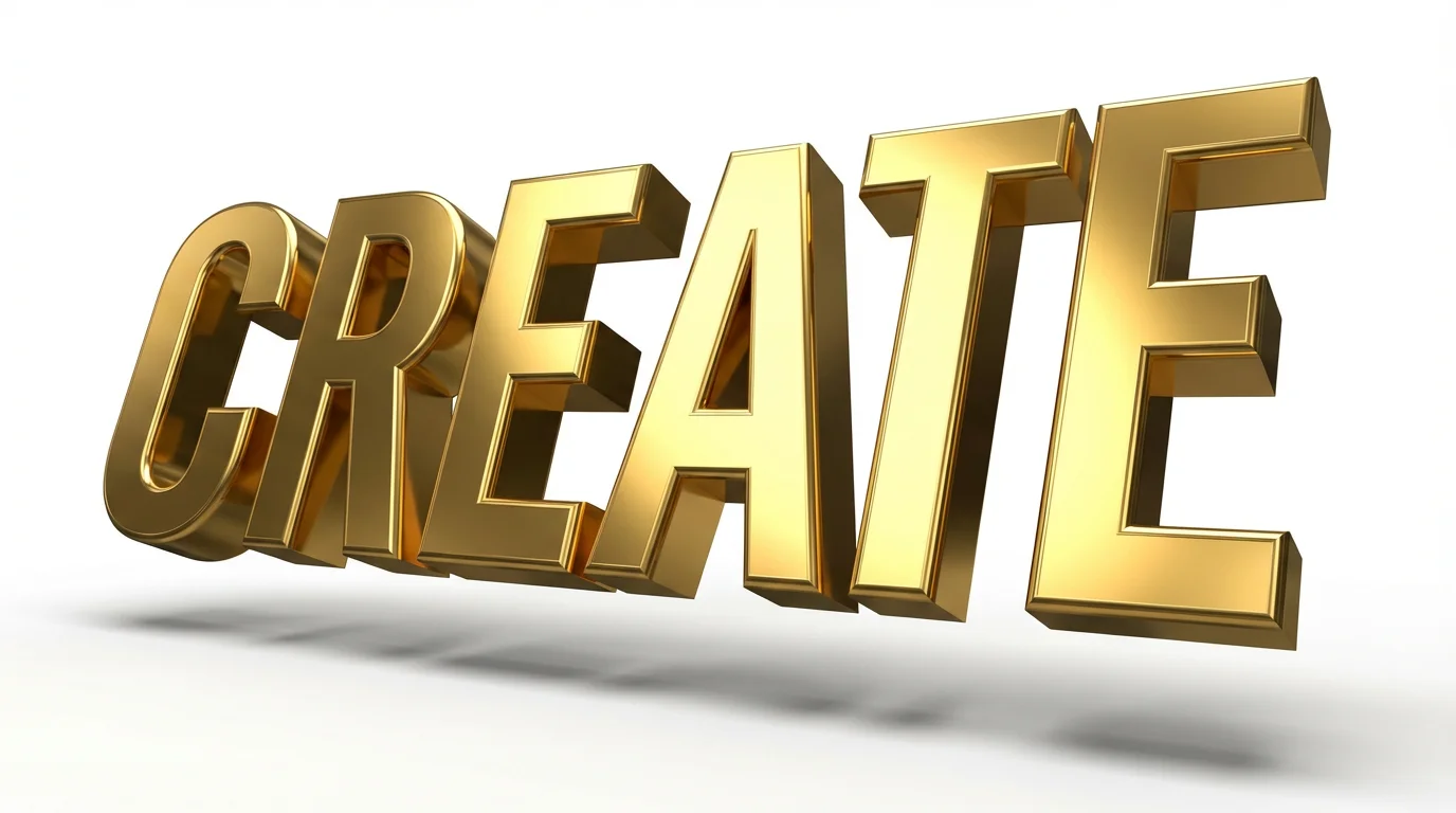 A photorealistic 3D rendering of the word 'CREATE' in bold, golden letters. The text is shown from an angle against a clean white background, with dramatic lighting creating highlights and shadows that emphasize its three-dimensional form.